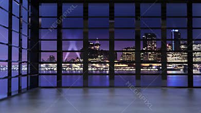 3D TV Virtual Studio With Panoramic View of the City Skyline At Night With Floodlights