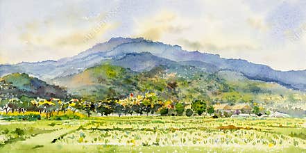 Watercolor landscape painting colorful of mountain range with farm cornfield