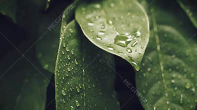 Slow motion of raindrops falling on green leaf background with rainy season.