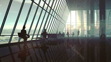 Flying around the modern office corporate background.