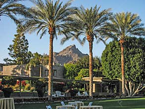 Grounds and desert landscaping of the landmark Arizona Biltmore Hotel against a mountain backdrop