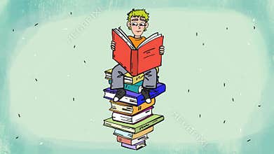 Young person sitting on giant books and read cartoon animation