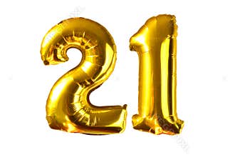 Happy 21 years old party with golden shiny inflatable balloons isolated