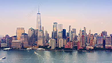 Drone footage with slow approach towards New York City skyline