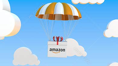 Box with AMAZON logo falls with a parachute. Editorial loopable 3D animation