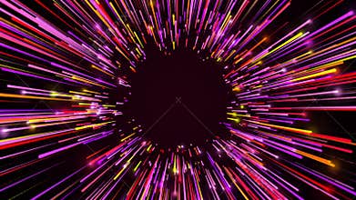 3d rendering movement through long corridor from beams. Speed of light, neon glowing rays in motion. Computer generated