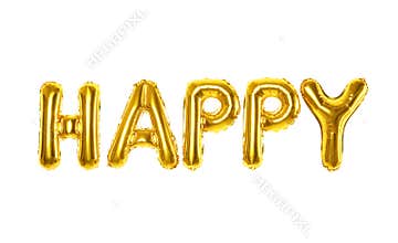 Word HAPPY made of golden foil balloons letters on white background