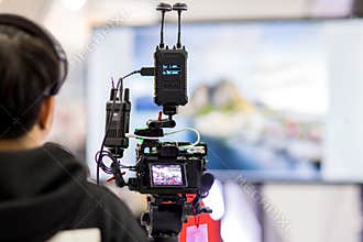 Camera show viewfinder image catch motion in interview or broadcast wedding ceremony, catch feeling,