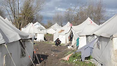 Refugee and migrant camp Vucjak near Bihac in Bosnia and Herzegovina. Tents in camp. Site is located close to landmine infected ar