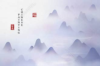 Chinese ink painting art background elegant landscape view of mountain misty fog and winding river. Chinese translation : Nature