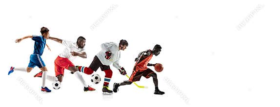Young and emotional sportsmen running and jumping on white background, flyer with copyspace