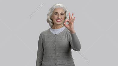 Happy old senior lady shows okay gesture.