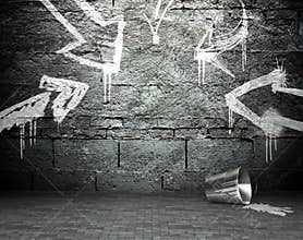 Graffiti wall with frame and arrows, street background