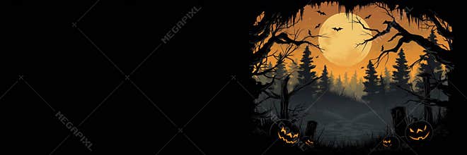 Halloween greeting card with pumpkins and scary house, banner