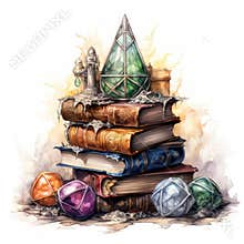 Stacked Books Surrounded by Magical Items - Watercolor Clipart AI Generated