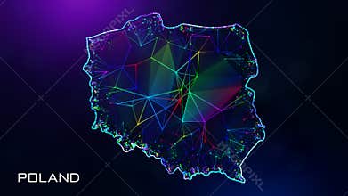 Futuristic Poland Map Polygonal Connected Lines And Dots Wireframe Network With Text On Hazy Flare Bokeh