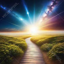 way to horizon with cloudy sky and star galaxy glow idea for spiritual knowing yourself and god concept
