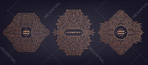 Vector set of art deco linear shapes, round borders, frames, decorative design templates. Creative template in classic