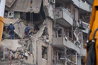 A house blown up by a Russian rocket in the city of Dnipro on Pobeda Street in Ukraine, War in Ukraine, a rocket attack on