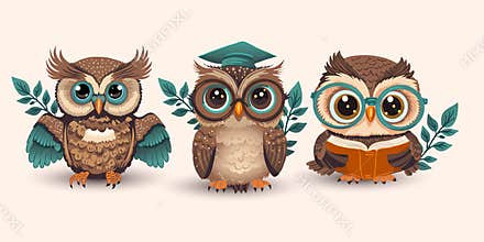 Cute cartoon owl in glasses set with a book, smart student kids collection, teacher student bird funny animal.
