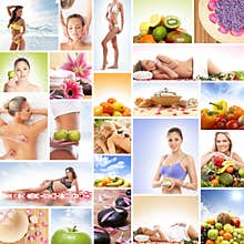 A collage of images with fresh fruits and relaxing women