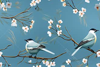 seamless pattern with birds on blossom branches trees with flowers on blue background
