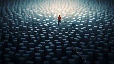 lonely human being staying alone over variaty of waving cubes concept loneliness sadness cruel life reality frustration