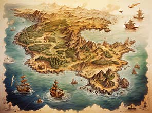 A fantasy map of a sea with islands, coastlines, and treasure.