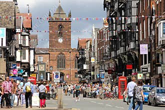 Bridge street and St Peter's Church. Chester. England