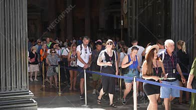 Rome, Italy - 5 September 2023. People tourists coming out of Pantheon ancient Roman temple in Rome center visiting