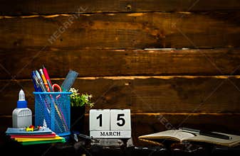 March calendar with number 15. Office background with pencils pens and ruler copy space. Beautiful background planner c