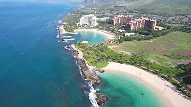Aerial drone view of the resorts on the west side of Oahu, Hawaii