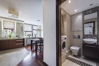 Modern home interior with kitchen and bathrom