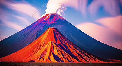Volcanic eruption smoke landscape digital painting illustation. Ai generated for childrens books