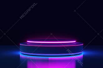 Abstract background, neon light, round podium, pedestal or platform for product presentation.