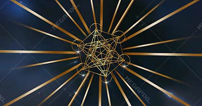 Video animation Metatron\'s Cube, Flower of Life. Golden Sacred geometry, graphic technology element on blue galaxy