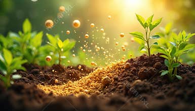 Scientific visualization soil composition with micronutrients supporting thriving plant life. Details of soil ecosystem and