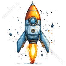 The rocket is surrounded by a lot of small, colorful dots
