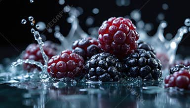 Fresh blackberries in water splash. Juicy ripe blackberries with droplets. Healthy sweet summer fruit, ingredients for dessert,