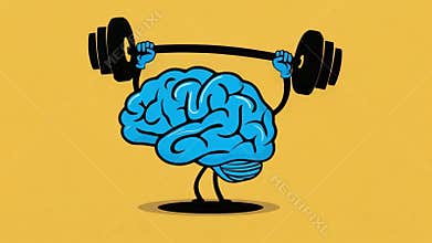Blue cartoon brain lifting barbell, yellow background.