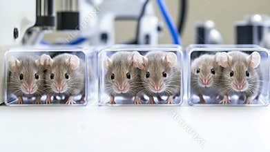 Lab mice in transparent enclosures on sterile research bench