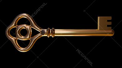 A spinning golden key in the black background.