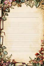 Vintage Lined Stationery Paper with Floral and Book Border Design