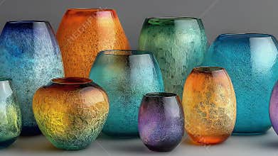 Collection of Colorful Glass Vases with Intricate Crackle Texture