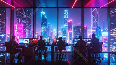 Programmers working in modern office overlooking futuristic skyline at night.
