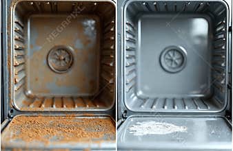 Collage showing dirty oven interior before cleaning, after washing glass, steel. Comparison of greasy, unhygienic appliance with