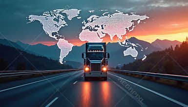 Truck drives at dusk under digital world map. Highway road transport represents global logistics, technology innovation. Freight