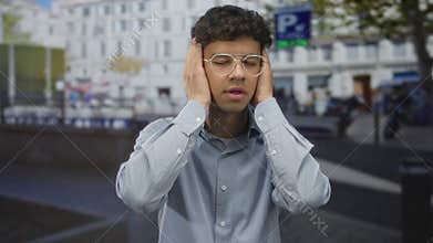 Young hispanic man in light blue shirt covers ears on busy street outside modern building amid traffic noise; annoyance