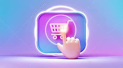 A finger presses on a shiny shopping cart with a gradient effect.