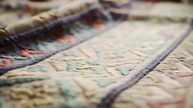 Close Up of a Cream Geometric Quilt With Muted Blue and Red Hand Stitched Pattern Focus Rack Video Perfect for Projects Related to